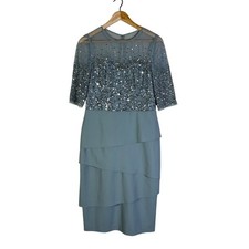 Adrianna Papell Beaded Sequin Mesh Neck Tiered Sheath Dress Light Blue US 10