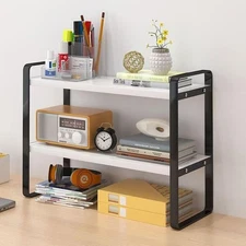 2-Tier Desktop Organizer Shelf White and Black Wood Office Desk Storage Rack