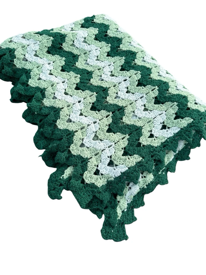 Manta Afgana De Colección Chevron Zig Zag Crochet Tiro Verde Retro 50x85 Grueso Tejido Foto 3 de 3