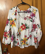 Women  s White/Multicolor Floral Long Sleeve Blouse Top Regular Size M