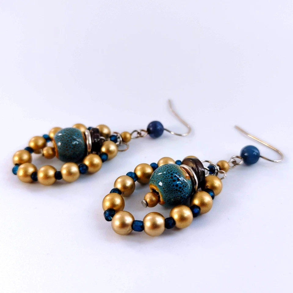 Pendientes colgantes de cuentas de oro bohemio turquesa cerámica gota anzuelo Foto 4 de 4