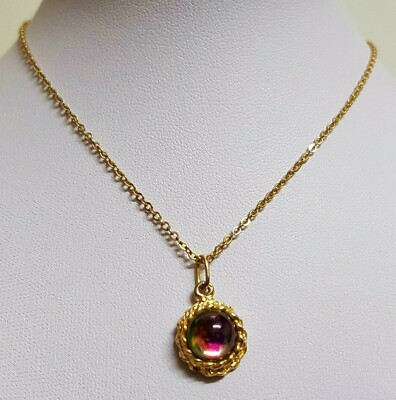 Chaîne En Métal Doré Vintage Avec Pendentif En Verre - Bijou Ancien D'occasion