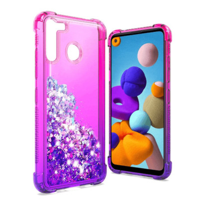For Samsung A21 Liquid Glitter Quicksand Two Tone Shockproof TPU Case HOT PINK/P