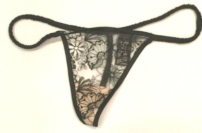 Victorias Secret Sexy Black Embroidered V-String Thong Size XS Floral Mesh LUXE