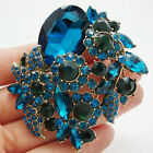 Rhinestone Crystal Pendant Brooch Pin Unique Vintage Style Flower Leaf Blue