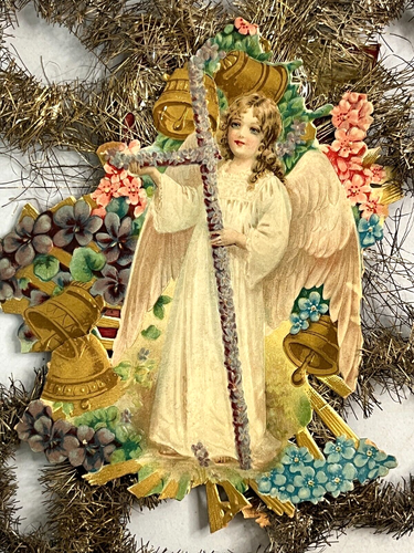 Vintage viktorianisches Lametta Weihnachtsschmuck gestanzter Engel geprägter Schrott 9,5" Höhe - Bild 2 von 9