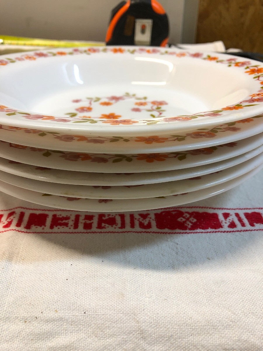 Lot De 6 Assiettes Creuses Arcopal 21,5 Cm – Motif Fleurs Orange Vintage Années 70