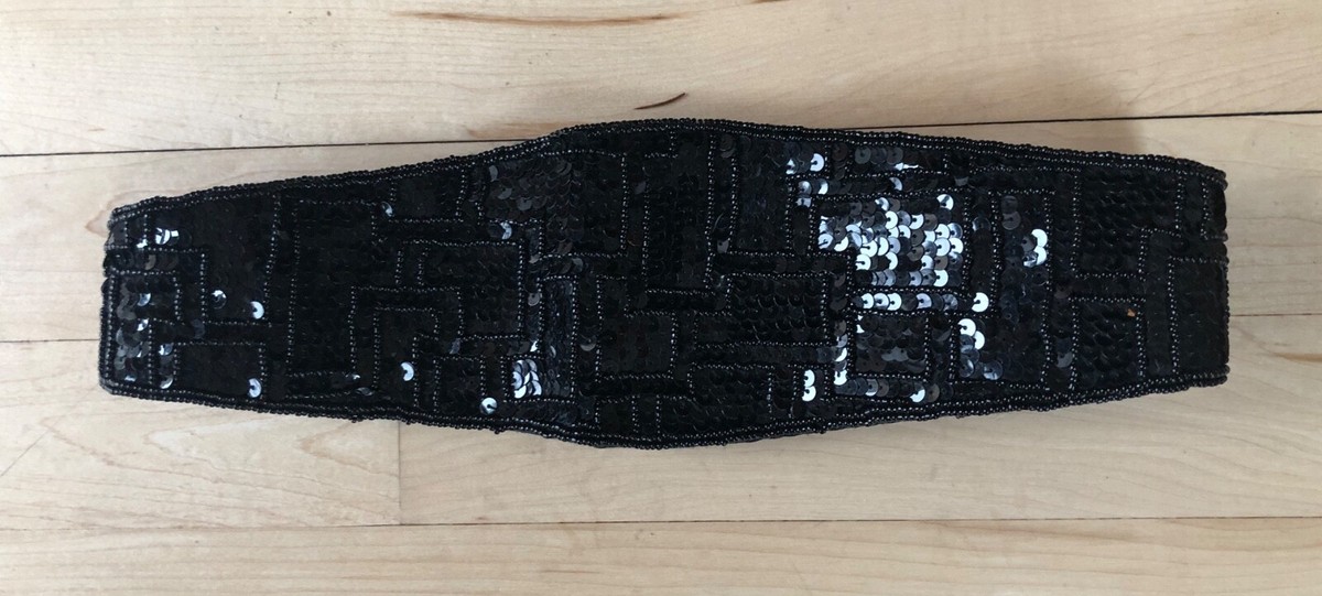 Vtg 1980s Small Black Beaded Stretch Belt Cummerbund Style 