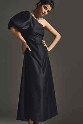 black one shoulder puff sleeve dress Anthropologie One-Shoulder Puff-Sleeve Dress Maxi Aureta Studio Black Size  S NWT