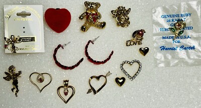 Lot of 14 Pieces Valentines Day Jewelry Pins & Earrings Hearts Cupid Bear Roses