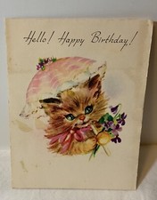 VTG Gibson Birthday Card Kitty Cat With Umbrella Pink Bow Bouquet Flowers