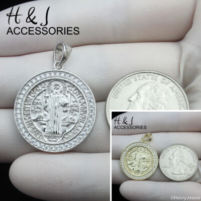 MEN 925 STERLING SILVER ICY CZ GOLD PLATED/SILVER SAINT BENEDICT PENDANT*ASP454