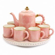 8 Piece Luxury Pink Ceramic Tea Set 1.25L Teapot 6 Cups with Rotating Tray