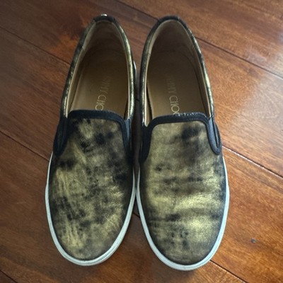Jimmy Choo Gold Black Metallic Leather Slip-On Tie-Dye Women's Flats Size 6.5