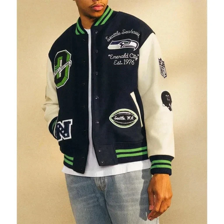 Seattle Seahawks Navy Blue Wool Sleeves Men's Varsity Jacket