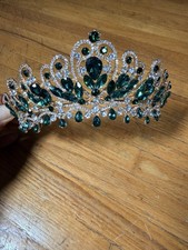Emerald Green Rhinestone Tiara Crown Gold Tone Bridal Pageant Costume Headpiece