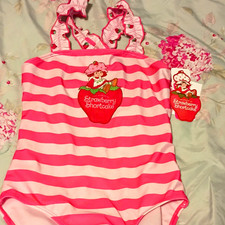 Strawberry Shortcake Girls Pink/White Striped One-Piece Swimsuit Size 8