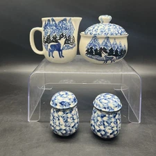Folkcraft Wolf By Tienshan Sugar Bowl With Lid, Creamer, And Want & Pepper