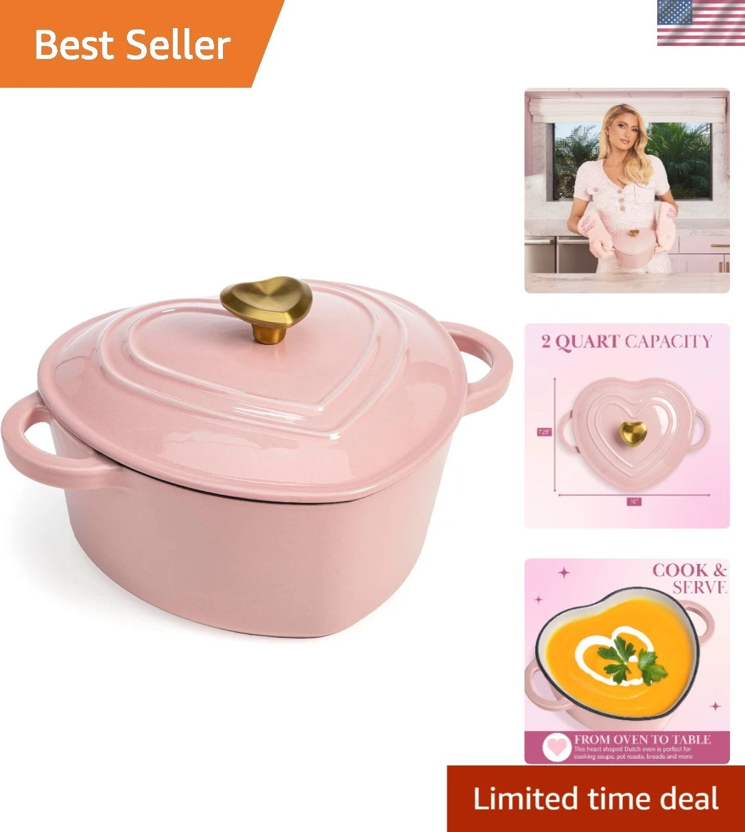 Pink Heart-Shaped Cast Iron Dutch Oven 2 Quart Enamel Cookware