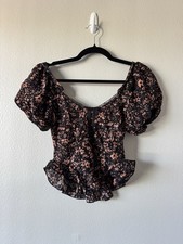 Free People Black/Pink Floral Lace Corset Top Backless Hook & Eye Ruffle Hem S