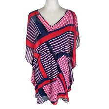 Express Shift Dress Womens Small Multi Striped Cinch Waist Flutter Sleeve V Neck