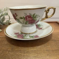 Westland Footed Tea Cup and Saucer Musical Cup Pink Roses Gold Trim Works 