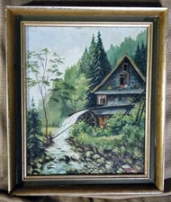 Old Original Vintage Grist Mill Waterfall Landscape il Painting Signed Framed