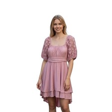Audrey Parks Pink Lace Sleeve Tiered Mini Dress Open Back Milkmaid XL