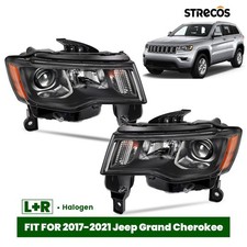 For 2017-2021 Jeep Grand Cherokee Halogen Projector Headlight Black Pair Lhrh