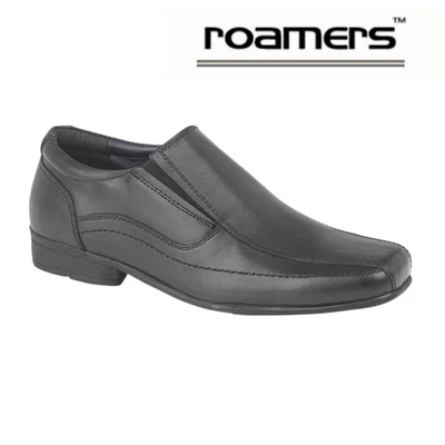 Boys Leather School Shoes Roamers Black Twin Gusset Slip On Shoe Juniors UK 1-6