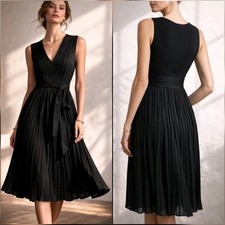 Banana Republic New Vintage Black Silk Pleated Fit Flare Wrap Belt Dress Medium