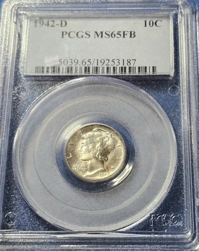New Listing1942-D Mercury Dime, Full Bands, 90% Silver, MS65FB PCGS