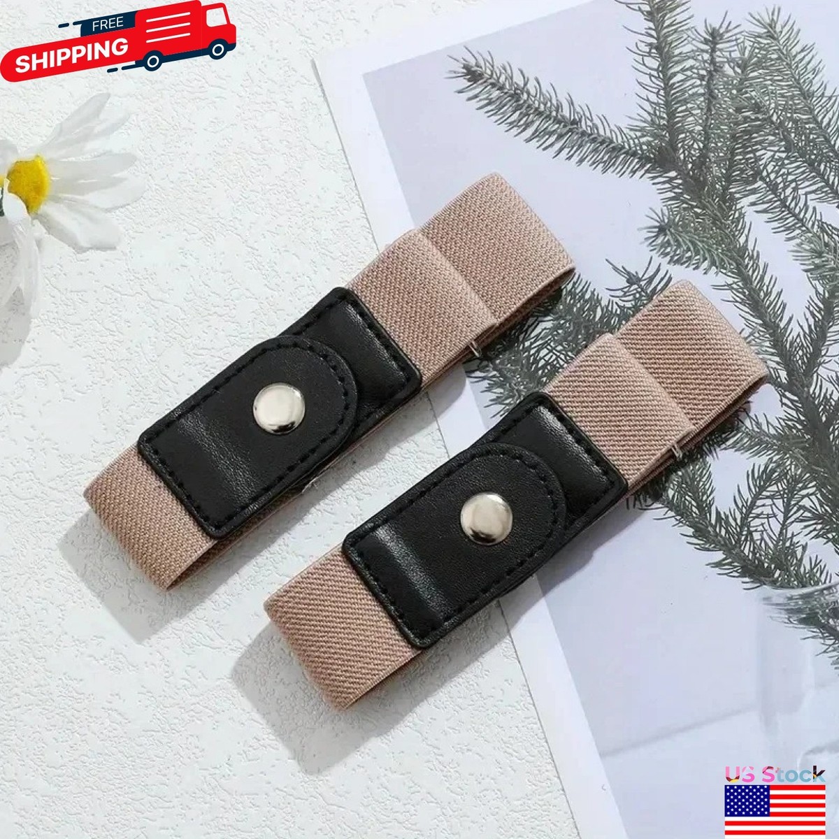 2 Pack No Buckle Elastic Belt Invisible Loop Belt for Jeans 