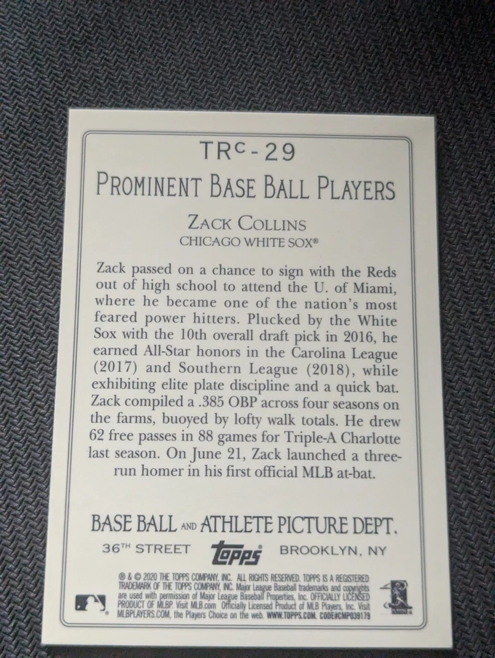 2020 Topps Turkey Red Chrome Zack Collins RC #TRc - 29 Chicago White Sox Rookie - Image 2 of 2