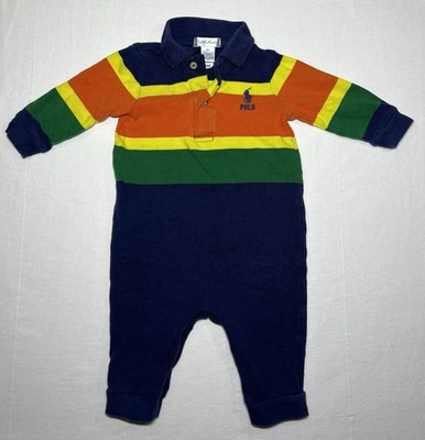 Ralph Lauren Cotton Knit Striped Romper Navy Long Sleeve Snap Collared 6M