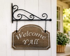 Rustic Welcome Y  All Hanging Wood Sign w/ Black Scroll Metal Wall Bracket