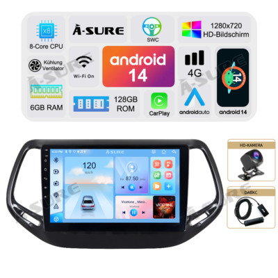 DAB+KAM 6+128G Android14 Autoradio GPS Navi BT CarPlay Für Jeep Compass 2017-20