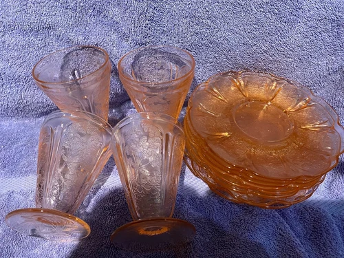 Eight Depression Glass Pink Cherry Blossom Saucers & Four 3 3/4" Footed Tumblers