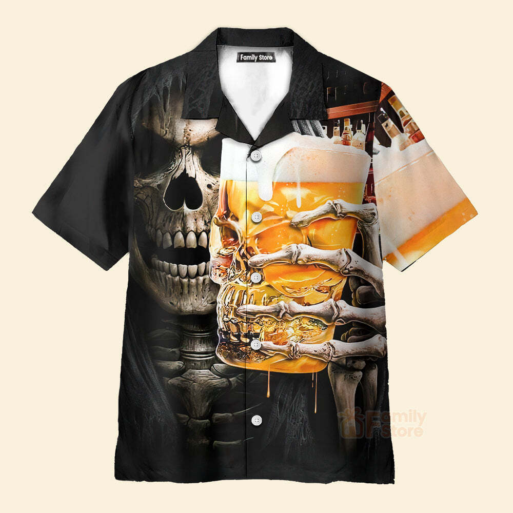Skeleton Drinking Beer Hawaiian Shirt Summer Casual Short Sleeve Holiday Party Fun Chest Pocket Design