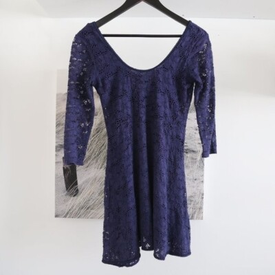 Free People Katya 3/4 Sleeve Lace Navy Blue Mini Fit and Flare Dress Size  XS | eBay