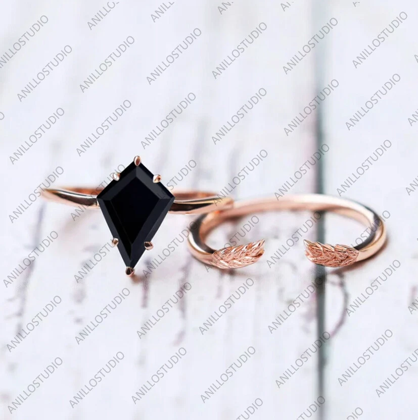 Conjunto de anel de aliança de casamento pipa ônix preto 12x7mm punho coroa em prata esterlina 925 - Imagem 4 de 4