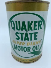 VINTAGE OIL CAN QUAKER STATE 1 QUART ROUND METAL ORIGINAL   