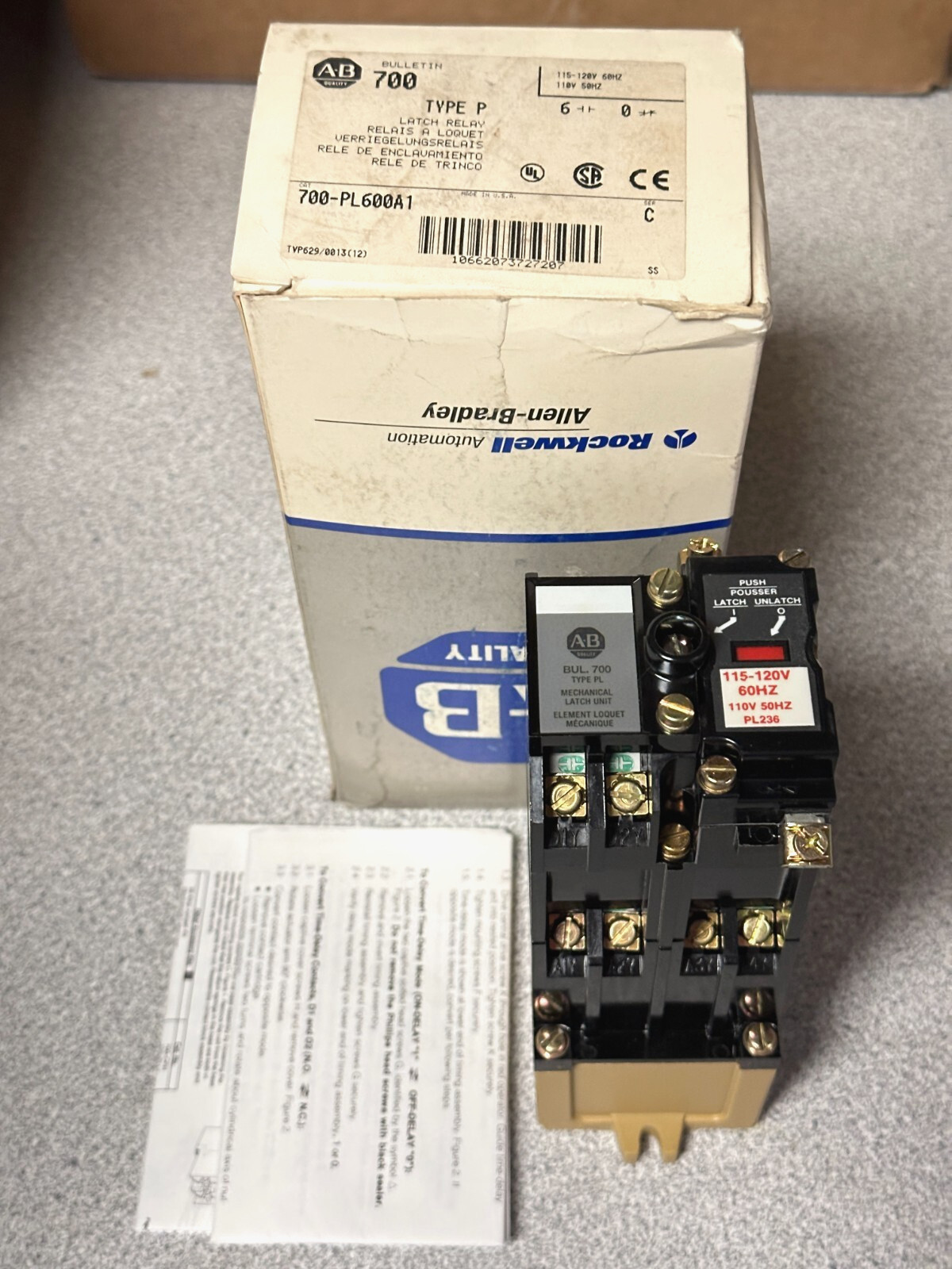 NEW Allen Bradley 700-PL600A1 Latch Relay, 110V 50Hz / 115-120V 60Hz Coil