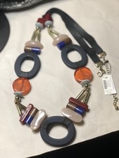 Vintage Chicos Geo Belt 42 Inches Long Faux Leather, Wood, Acrylic , Gold Tone