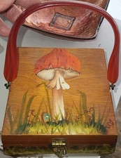 Vintage 70s Hand Painted Mushroom Floral Wooden Box Purse Bakelite Handle BOHO