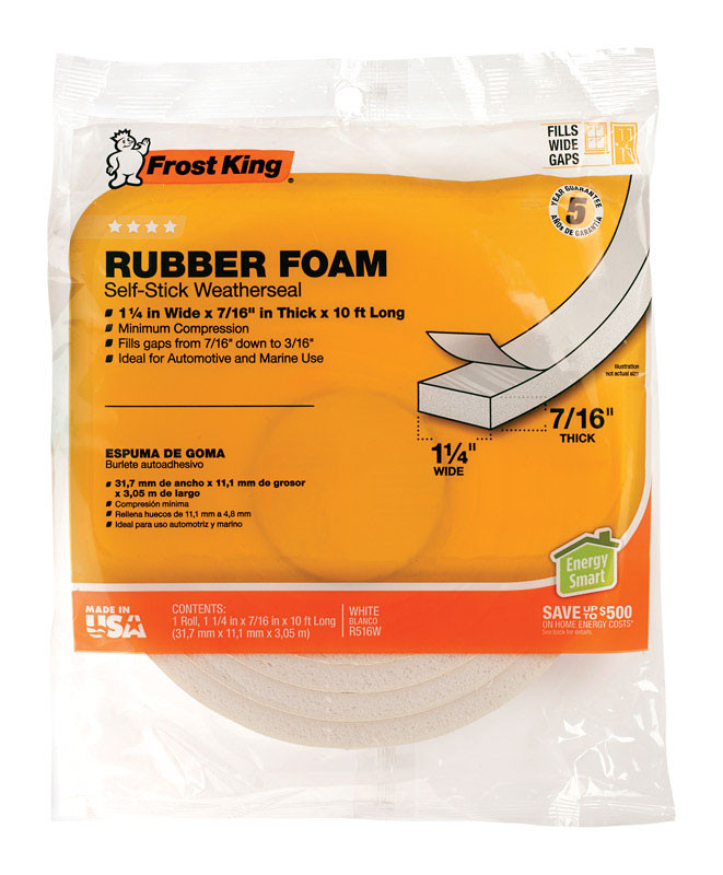 Frost King R516WH Rubber Foam Tape, 1-1/4in Wide x 7/16in Thick x 10ft