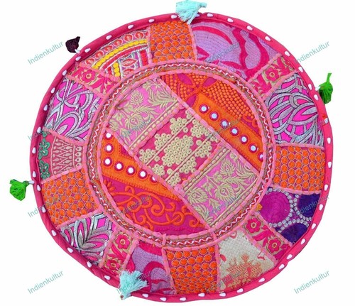 Indian Pink Floral Floor Pillow Decor Cotton Pouf Footstool Ethnic Room Decor - Picture 4 of 7