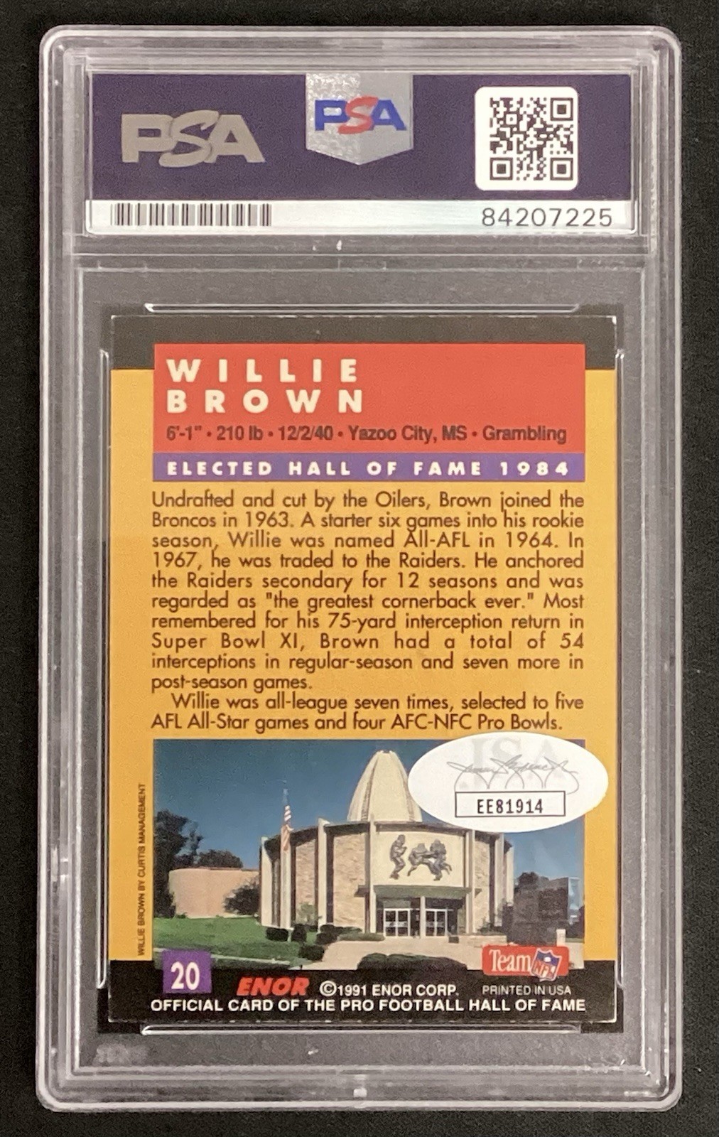 Willie Brown Signed 1991 Enor #20 Football Card HOF Raiders Autograph PSA/DNA view 2