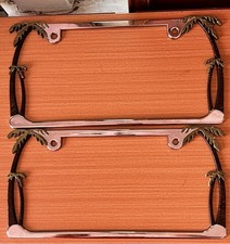 New Set Of 2 Chrome Hand Painted Palm Tree License Plate Holder Frame