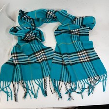 Cashmink Scarf by V Fraas 65.5  Fringed Teal Aqua Blue Plaid